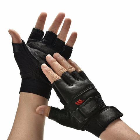 Men Black Leather Weight Lifting Gym Gloves